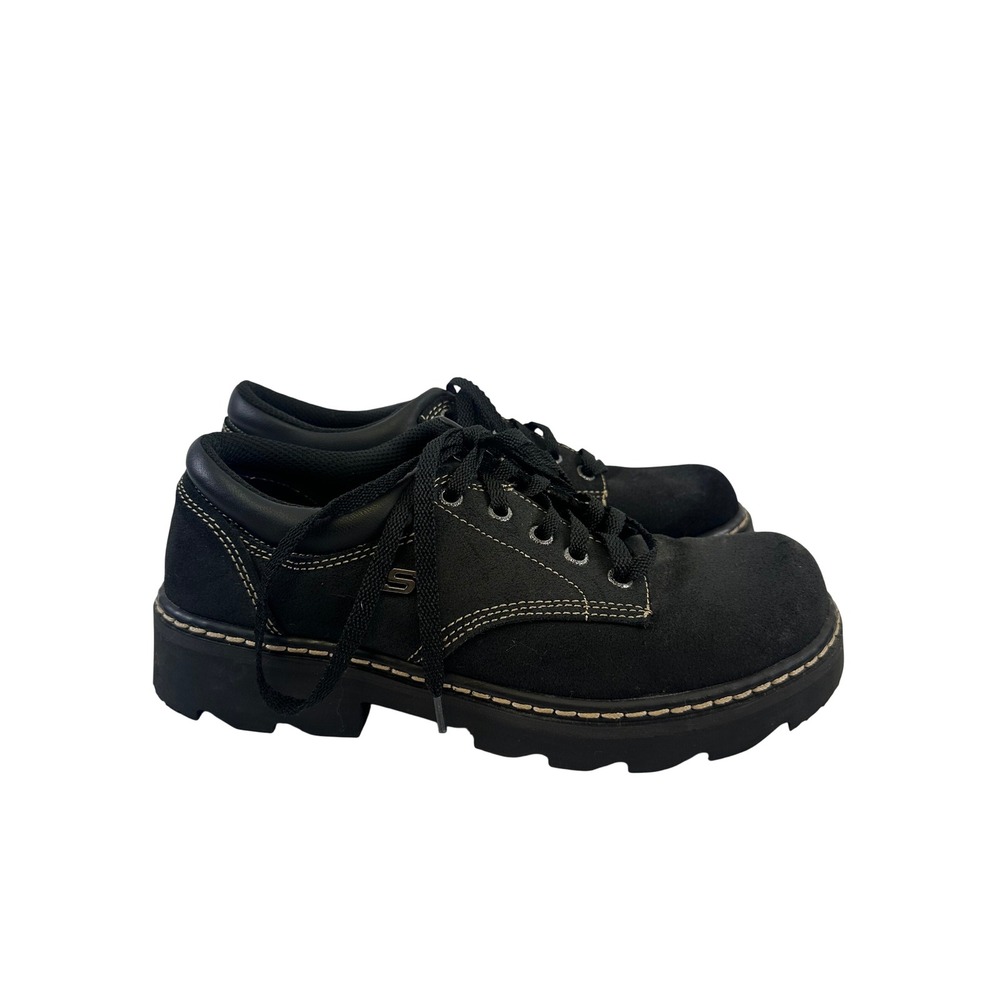 Skechers Jammers Parties Oxford 45120 Vintage Black Suede Lug Lace Up Women 9